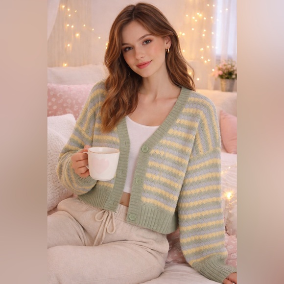 Ardene Sweaters - Ardene Cozy Pastel Striped Cropped Cardigan Soft Girl Aesthetic Cute Knit